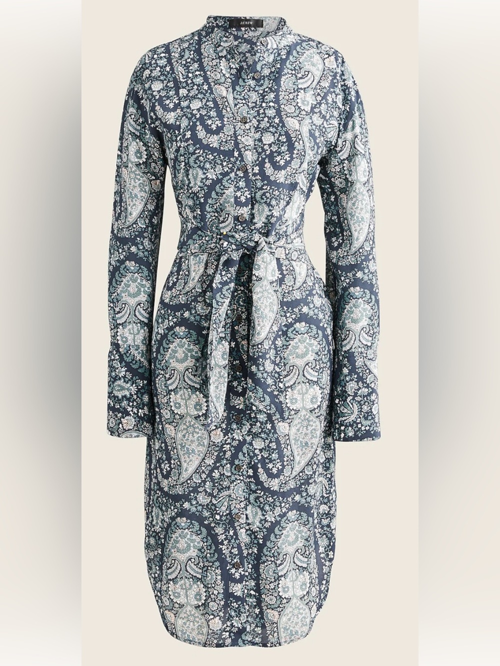 J.Crew Silk Tie-Front Paisley Shirt-Dress Size 2 Long Sleeve Blue Green Midi